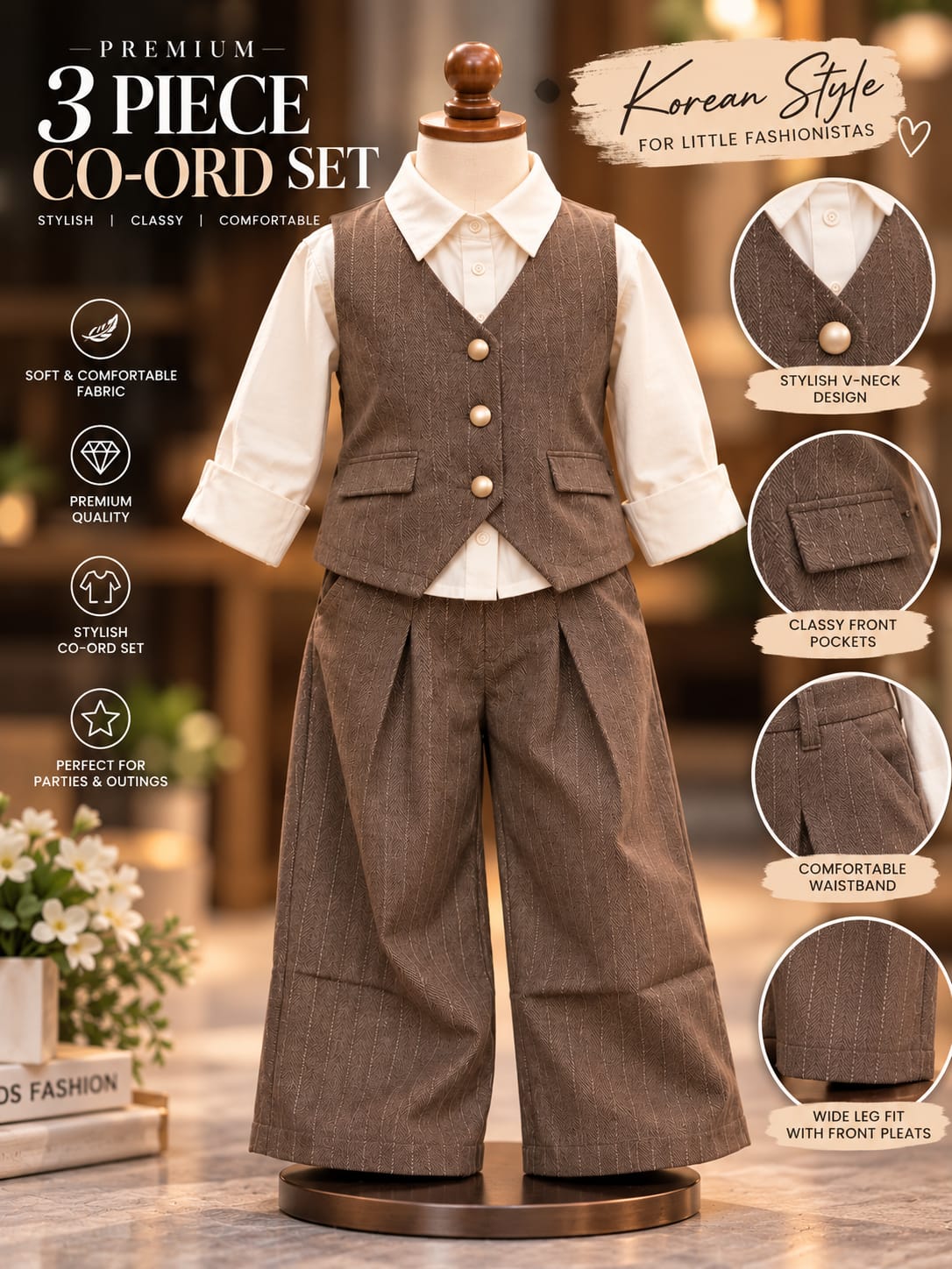 Girls Brown Formal Co-Ord Set with Waistcoat & Wide-Leg Trousers | Korean Fashion Outfit | 6 Months–5 Years