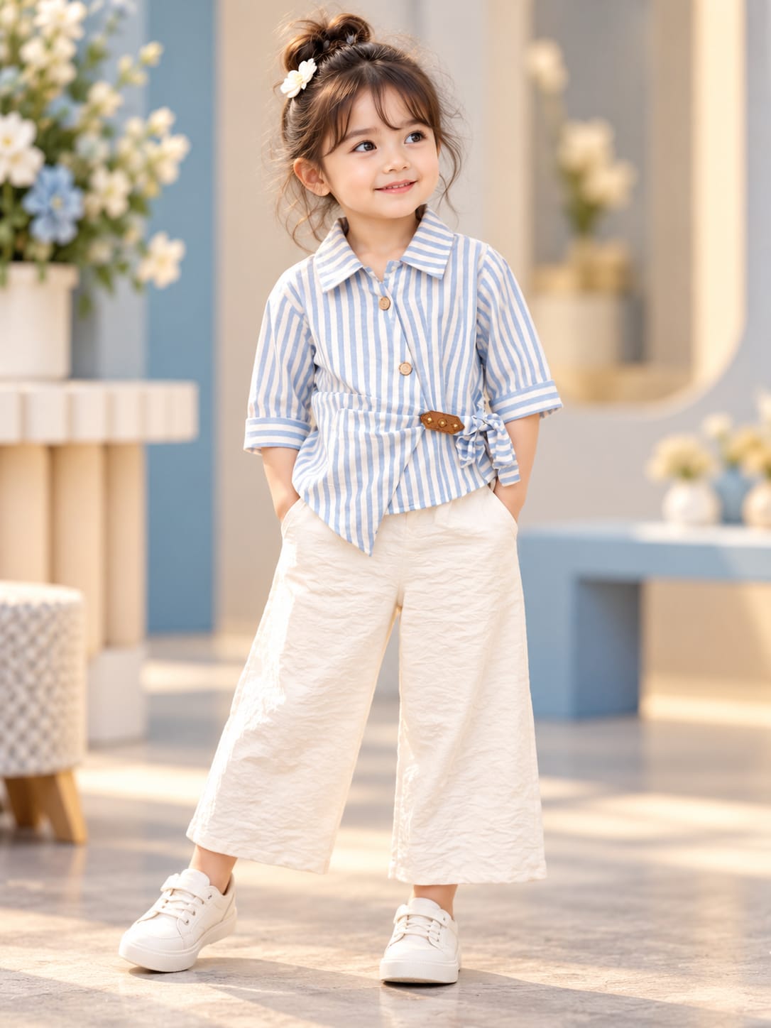Girls Blue & White Striped Shirt with White Wide-Leg Pants Co-Ord Set | Korean Chic Fashion | 1–4 Years