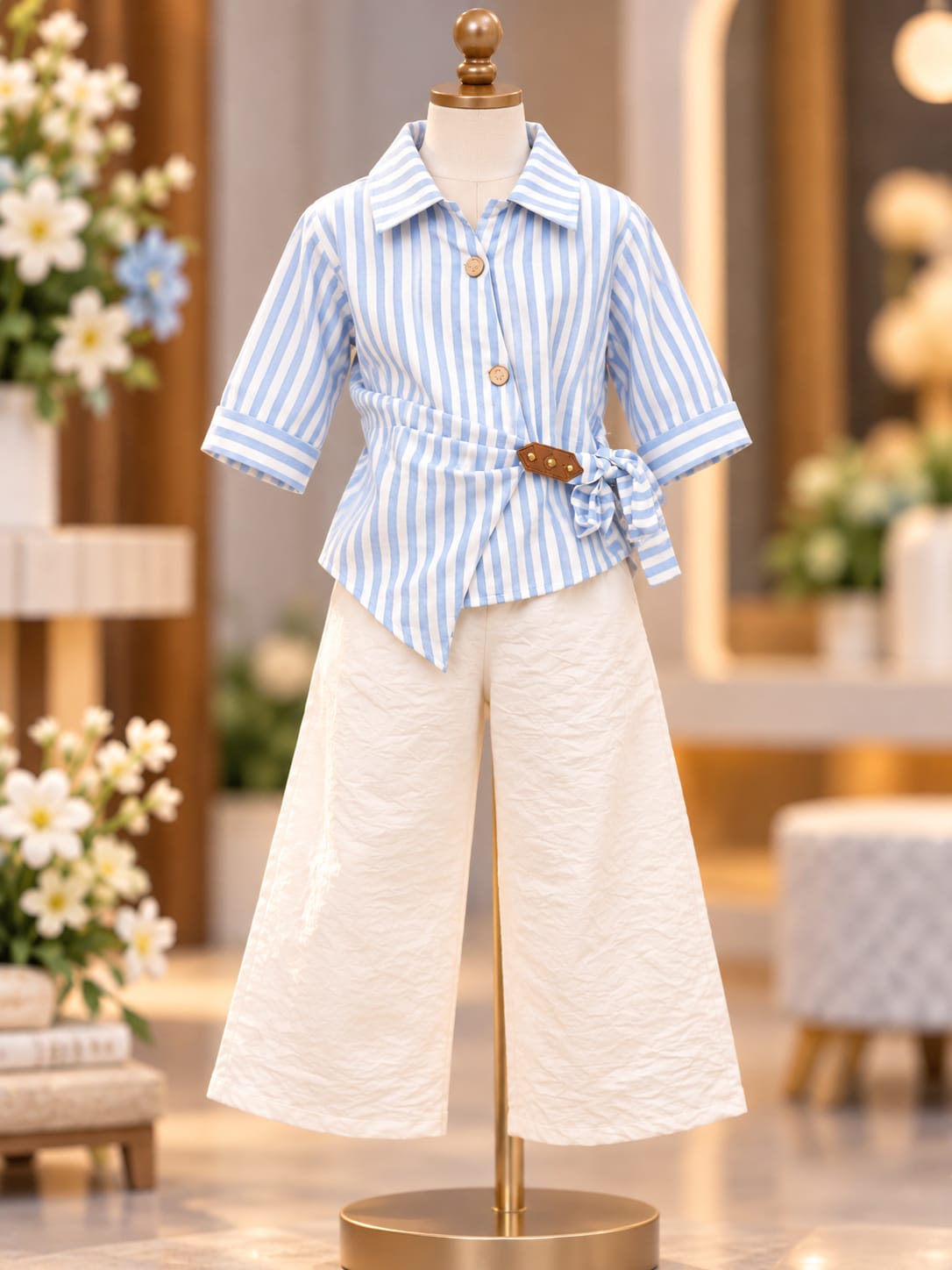 Girls Blue & White Striped Shirt with White Wide-Leg Pants Co-Ord Set | Korean Chic Fashion | 1–4 Years