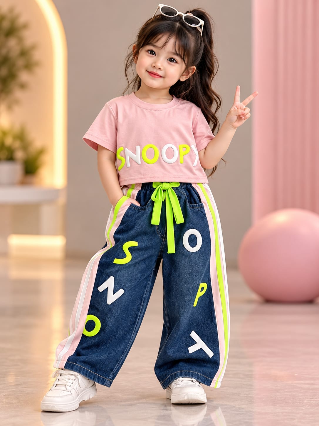 Girls Pink Graphic T-Shirt & Blue Denim Wide-Leg Pants Set | Neon Streetwear Co-Ord Outfit | 1–4 Years