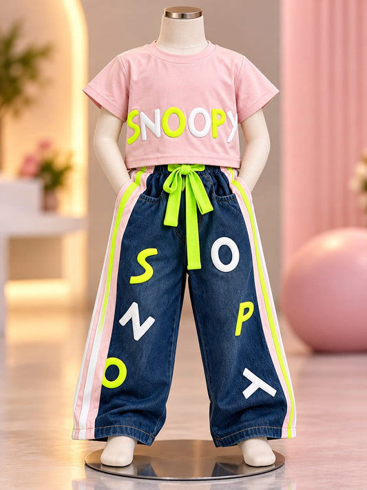 Girls Pink Graphic T-Shirt & Blue Denim Wide-Leg Pants Set | Neon Streetwear Co-Ord Outfit | 1–4 Years