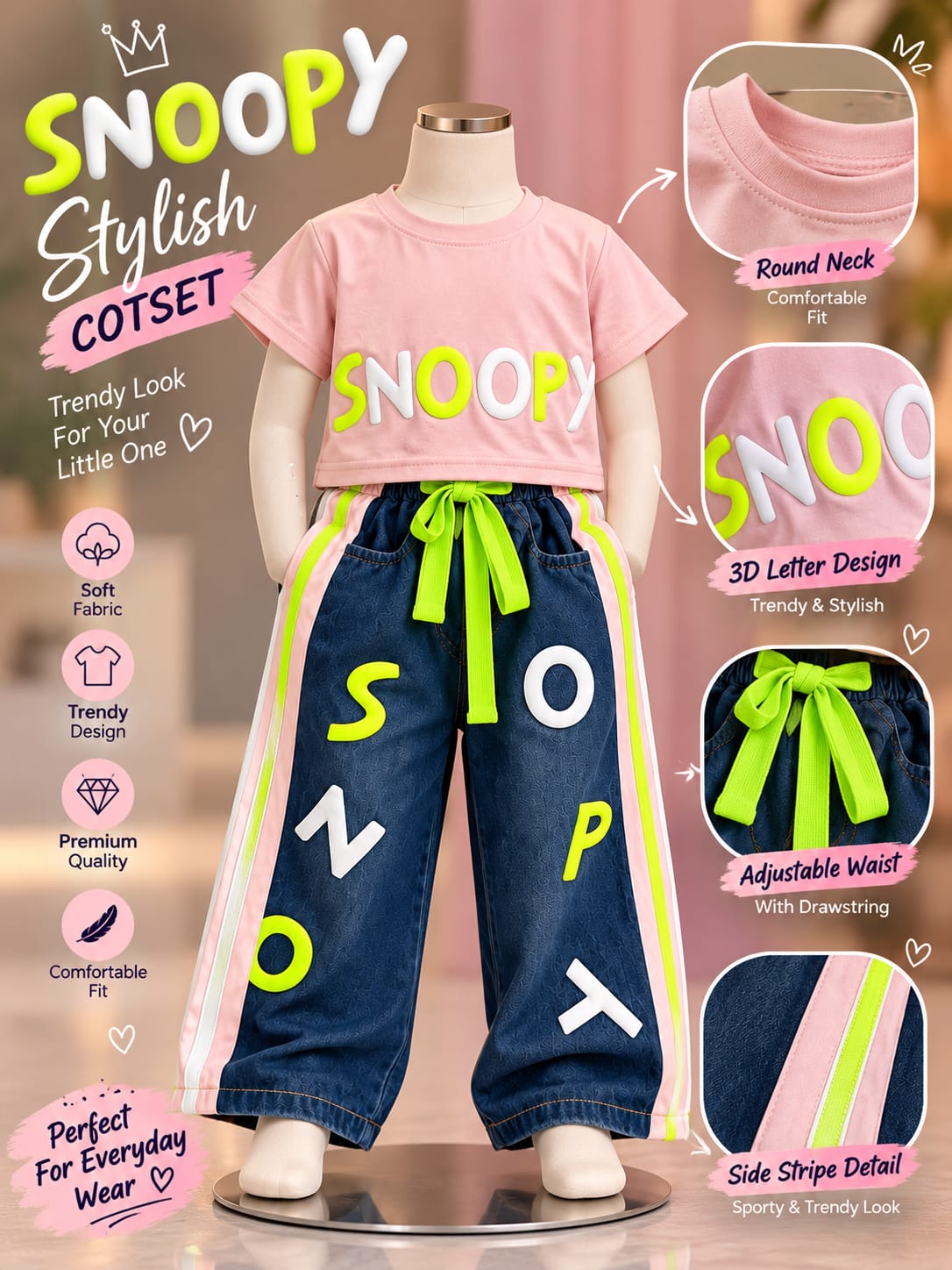 Girls Pink Graphic T-Shirt & Blue Denim Wide-Leg Pants Set | Neon Streetwear Co-Ord Outfit | 1–4 Years
