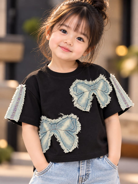 Girls Black Bow Denim Patch T-Shirt | Korean Streetwear Fashion Top | 5–11 Years