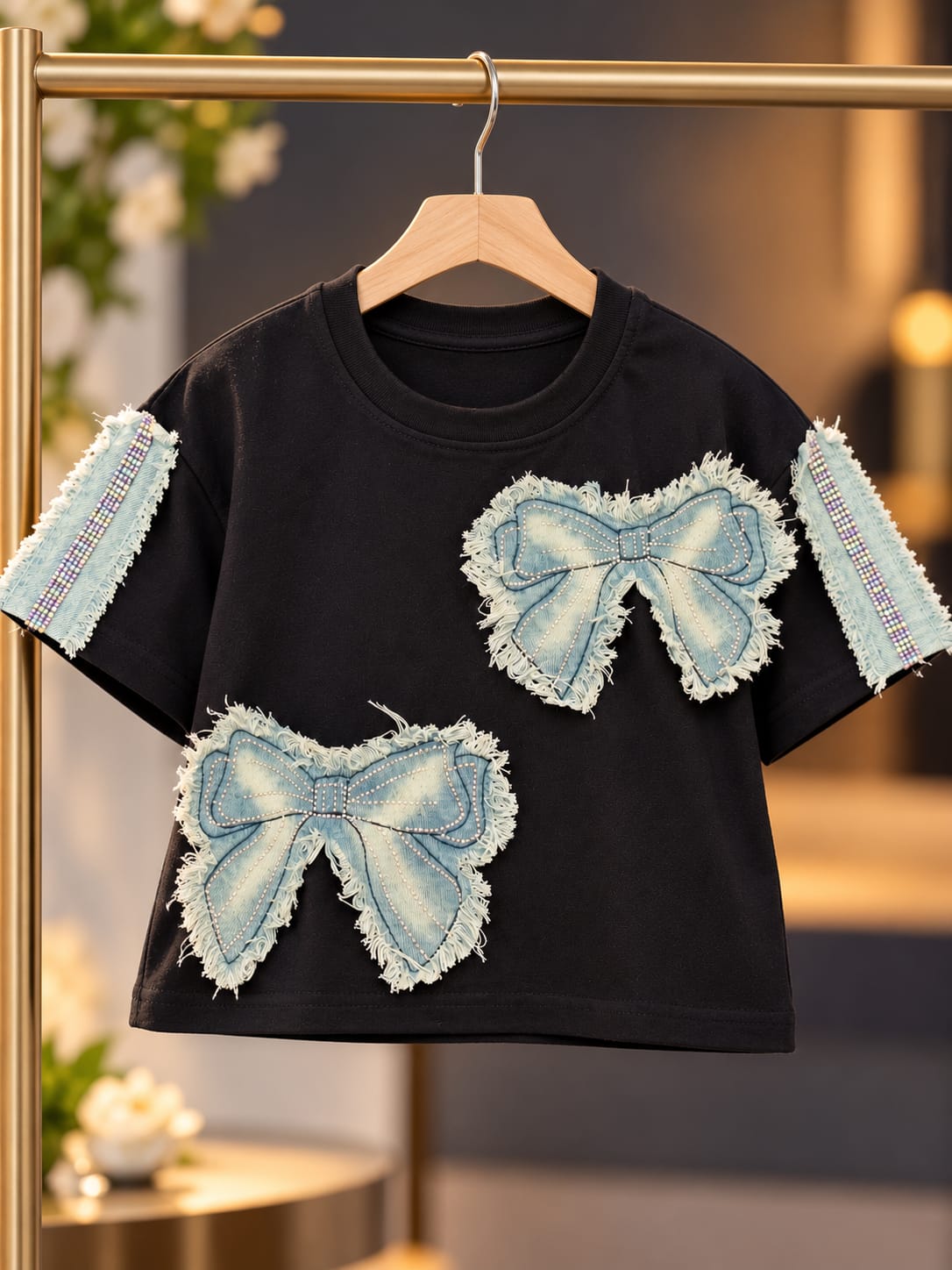 Girls Black Bow Denim Patch T-Shirt | Korean Streetwear Fashion Top | 5–11 Years