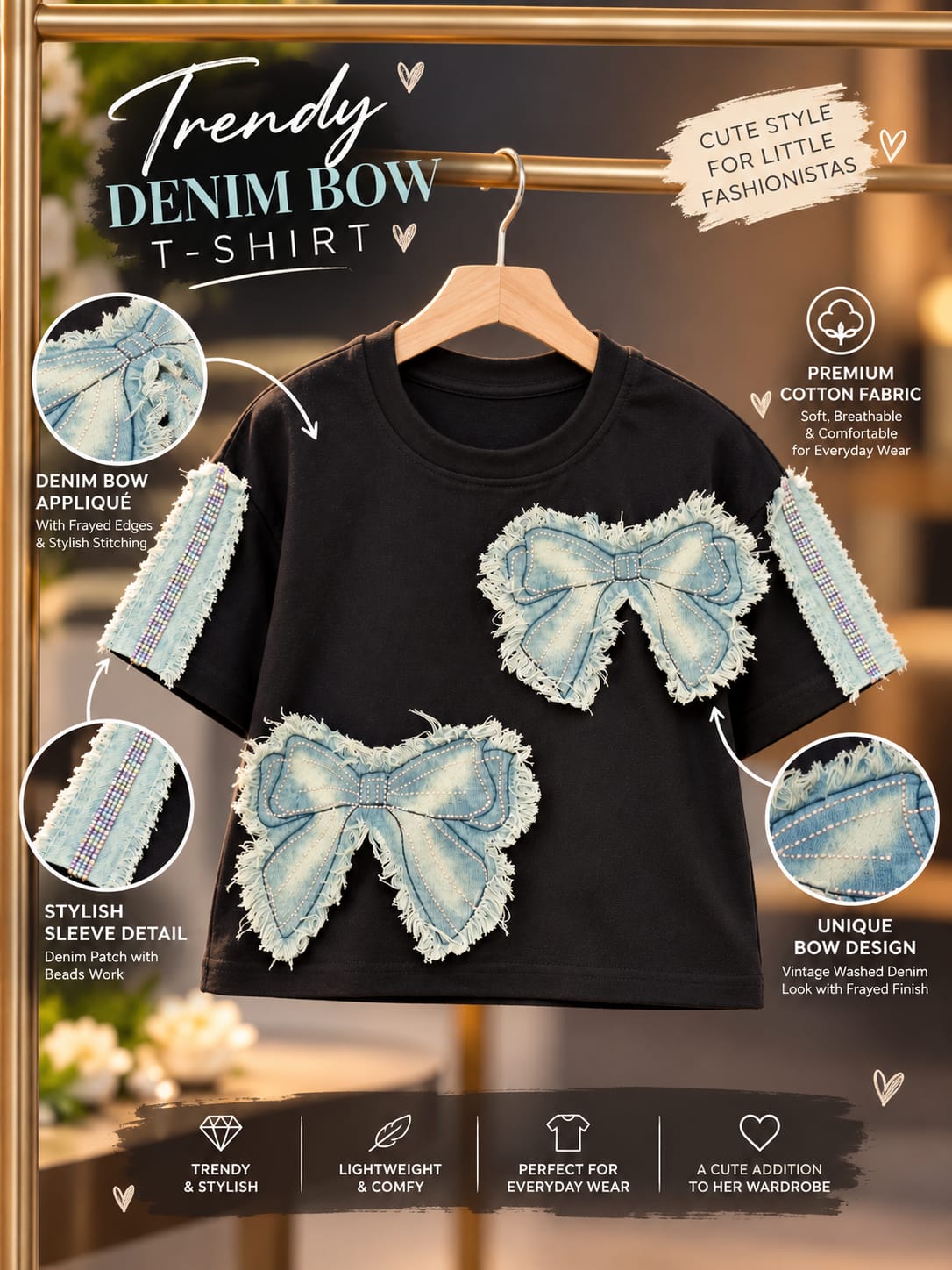 Girls Black Bow Denim Patch T-Shirt | Korean Streetwear Fashion Top | 5–11 Years