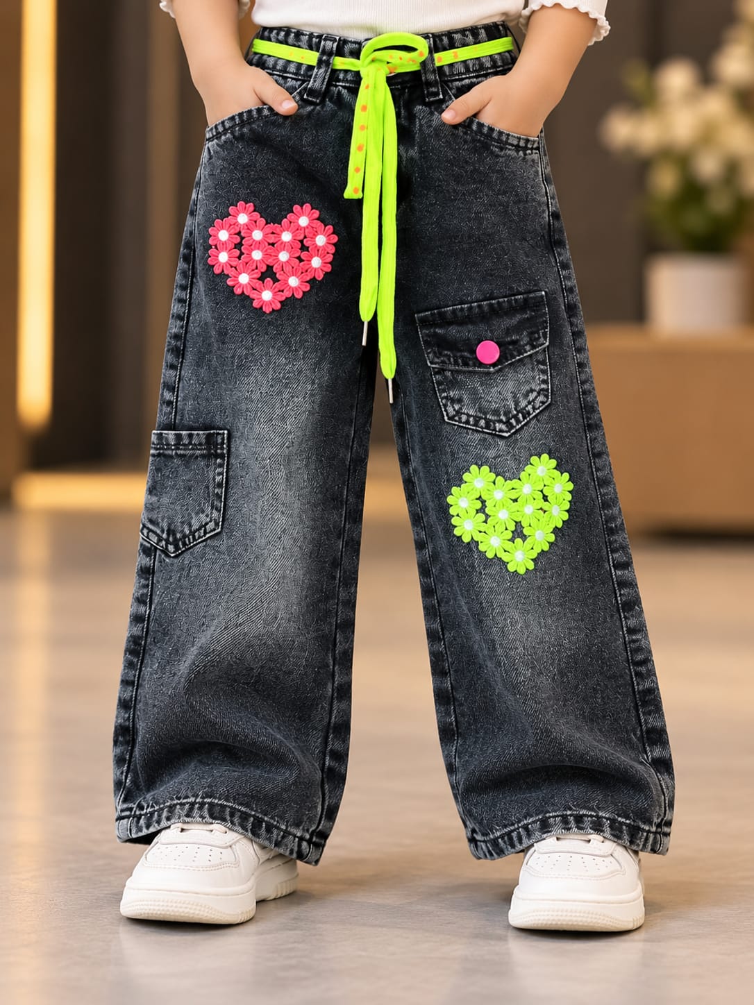 Girls Black Washed Floral Heart Baggy Jeans | Neon Drawstring Cargo Denim Pants | Korean Streetwear | 6 Months–6 Years