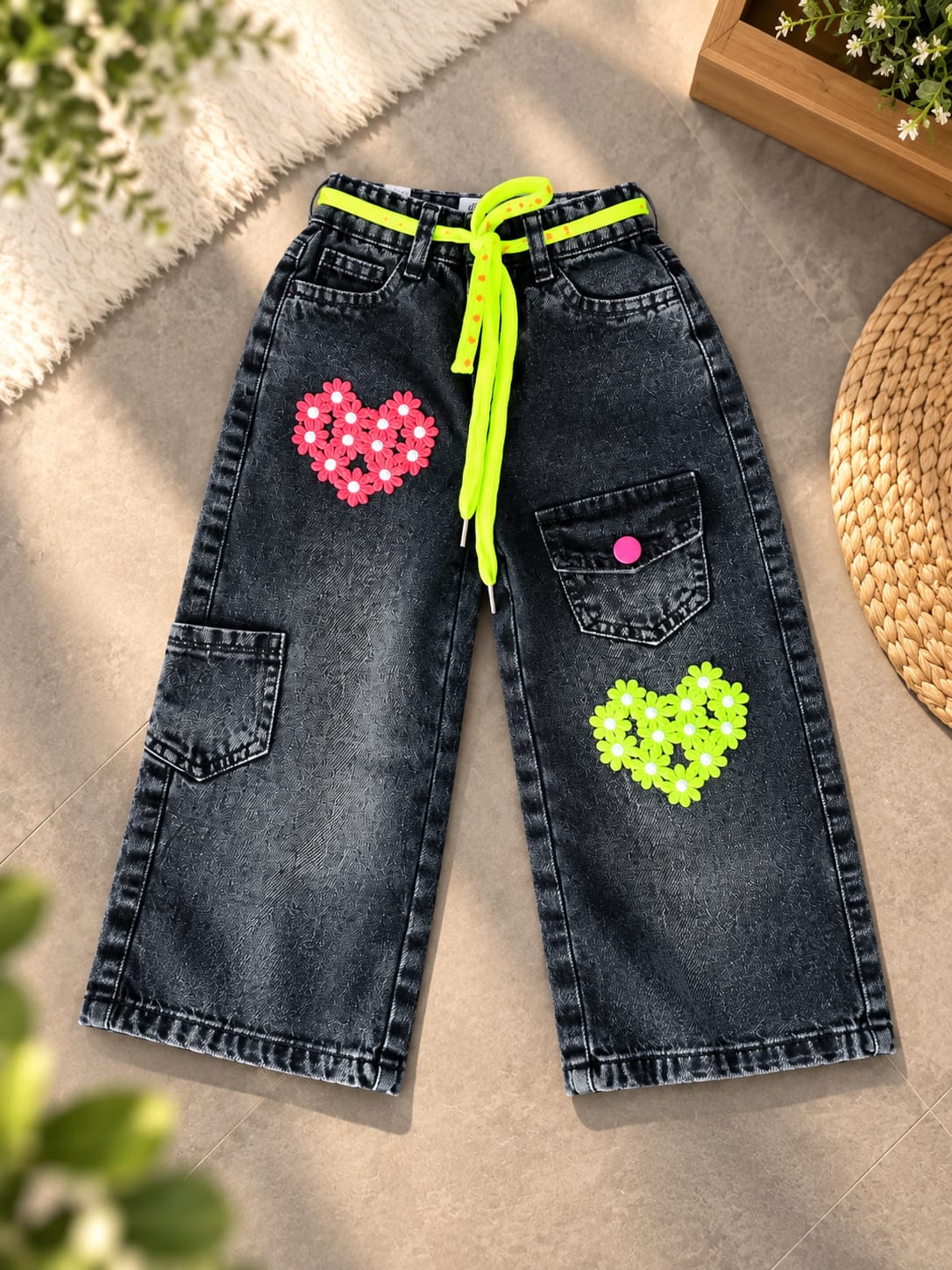 Girls Black Washed Floral Heart Baggy Jeans | Neon Drawstring Cargo Denim Pants | Korean Streetwear | 6 Months–6 Years