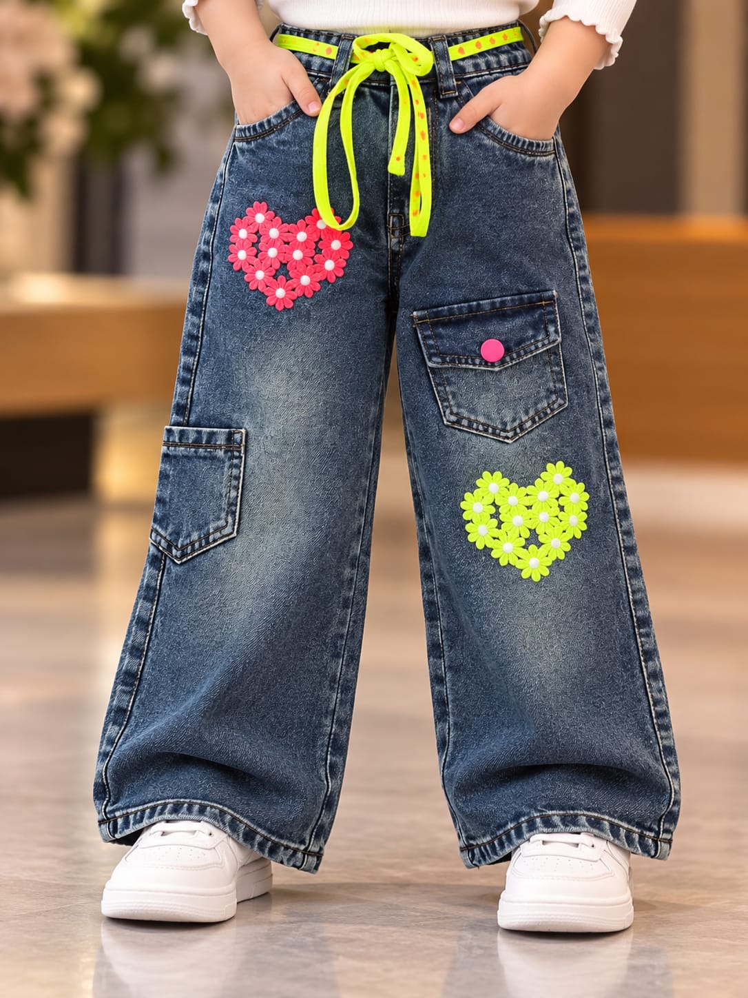 Girls Dark Blue Floral Heart Baggy Jeans | Neon Drawstring Cargo Denim Pants | Korean Streetwear | 6 Months– 5Years
