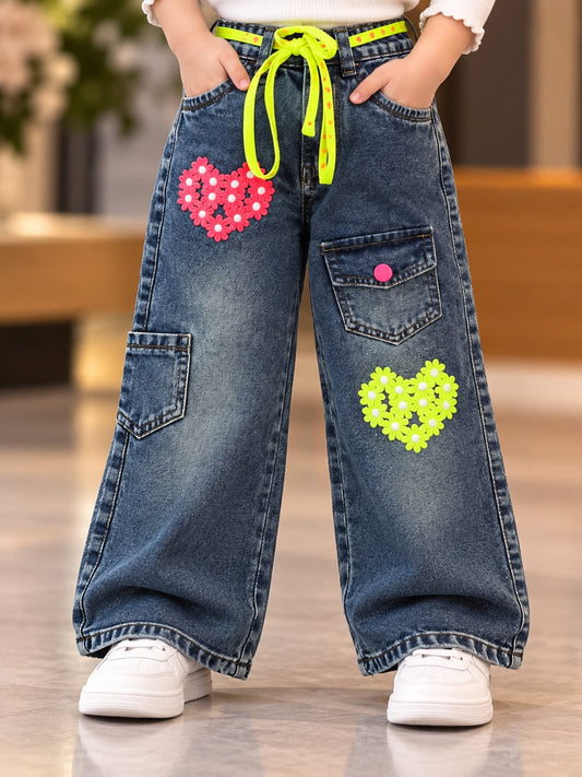 Girls Dark Blue Floral Heart Baggy Jeans | Neon Drawstring Cargo Denim Pants | Korean Streetwear | 6 Months– 5Years