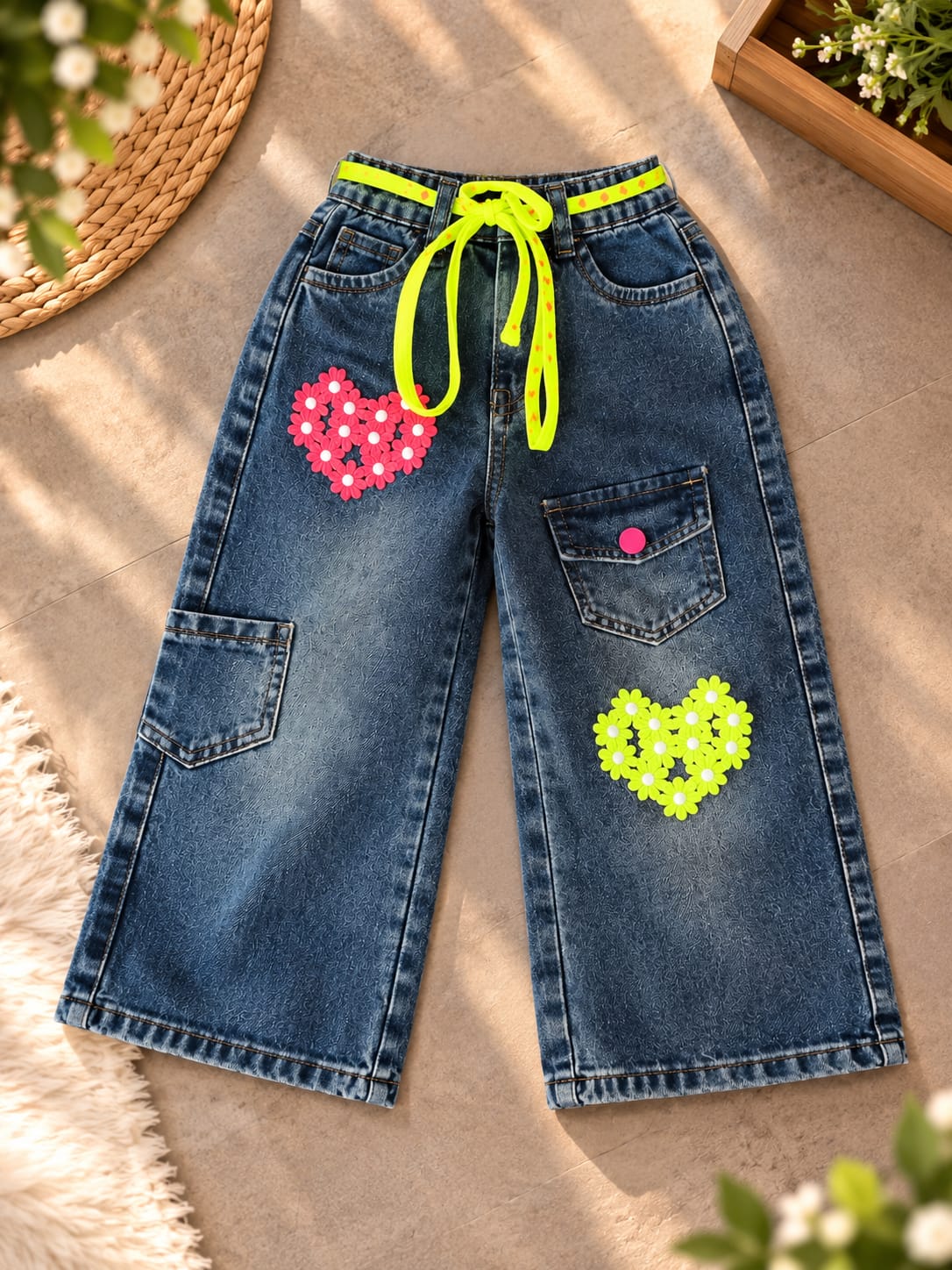 Girls Dark Blue Floral Heart Baggy Jeans | Neon Drawstring Cargo Denim Pants | Korean Streetwear | 6 Months– 5Years