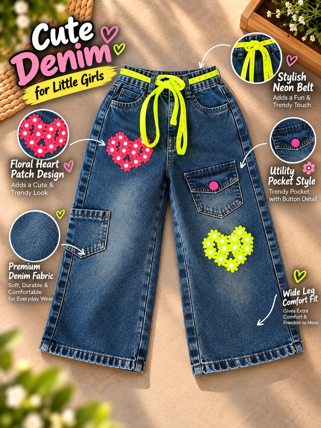 Girls Dark Blue Floral Heart Baggy Jeans | Neon Drawstring Cargo Denim Pants | Korean Streetwear | 6 Months– 5Years