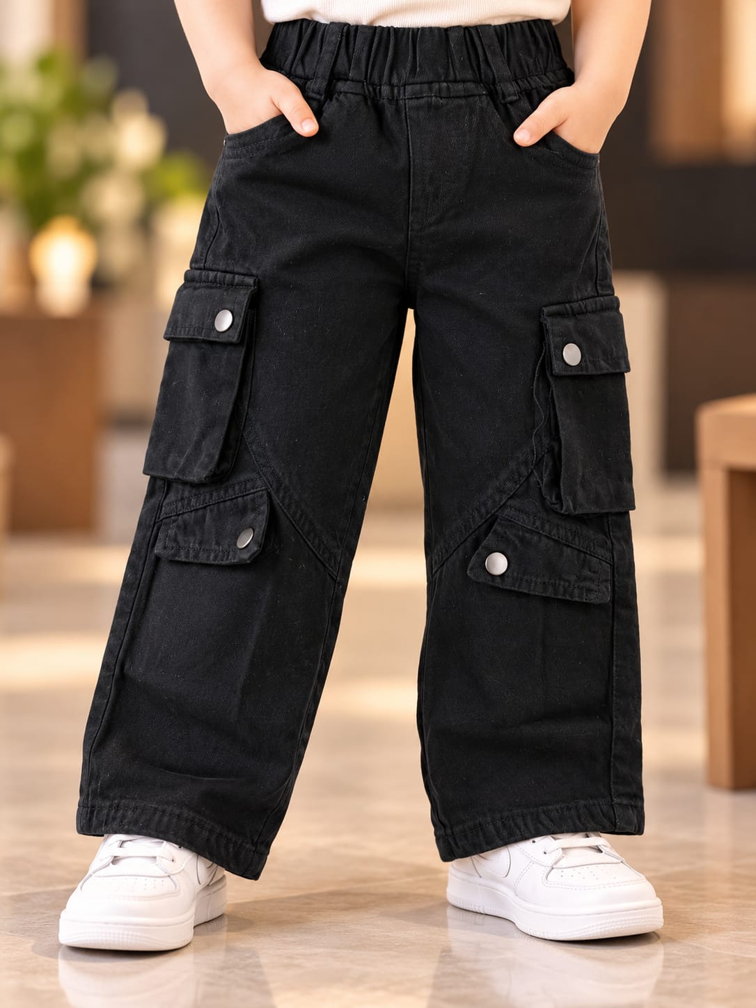 Kids Black Cargo Wide-Leg Jeans | Korean Streetwear Baggy Fit Denim Pants | 6 Months–6 Years