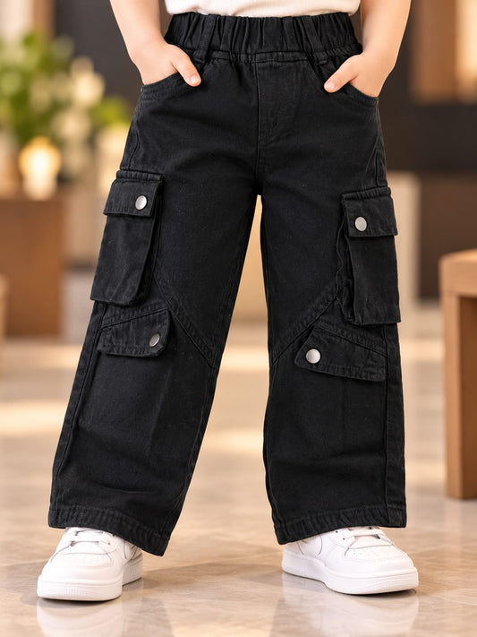 Kids Black Cargo Wide-Leg Jeans | Korean Streetwear Baggy Fit Denim Pants | 6 Months–6 Years