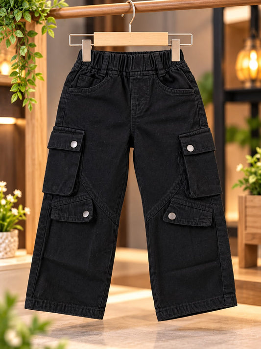 Kids Black Cargo Wide-Leg Jeans | Korean Streetwear Baggy Fit Denim Pants | 6 Months–6 Years