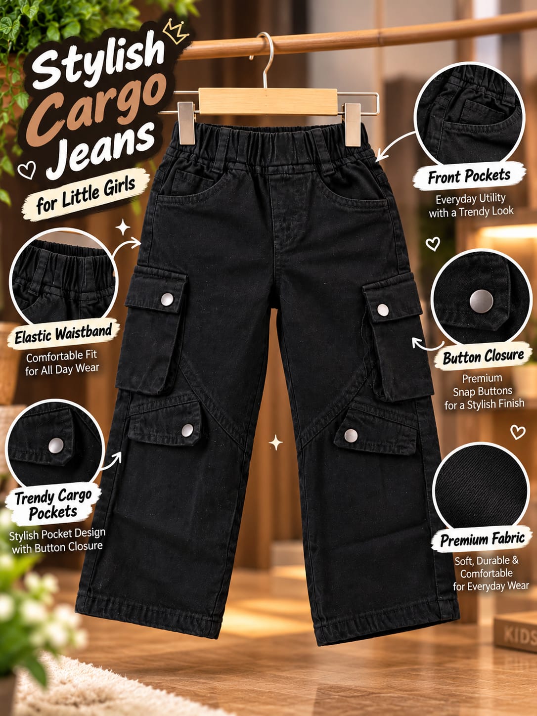 Kids Black Cargo Wide-Leg Jeans | Korean Streetwear Baggy Fit Denim Pants | 6 Months–6 Years