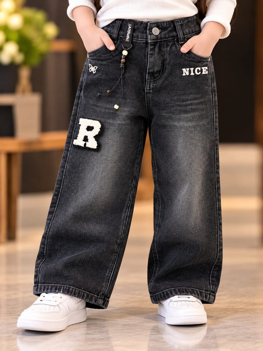 Boys Black Baggy Jeans | NICE Letter & Chenille R Patch Korean Streetwear Denim Pants | 4–8 Years