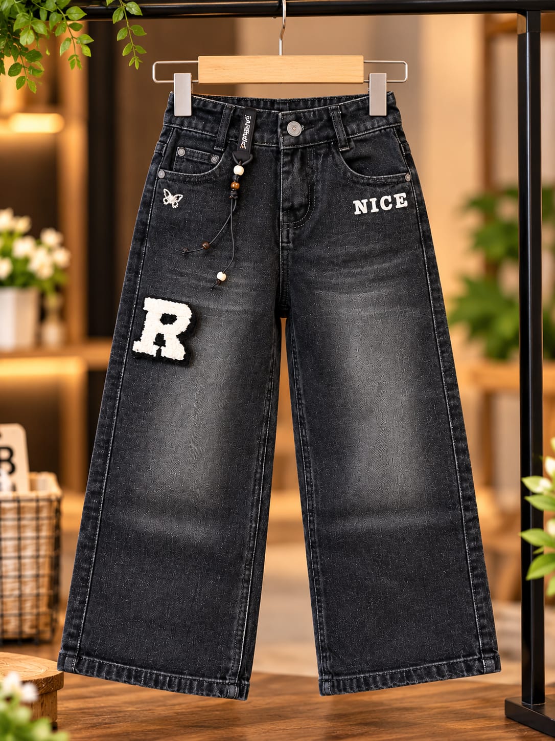 Boys Black Baggy Jeans | NICE Letter & Chenille R Patch Korean Streetwear Denim Pants | 4–8 Years