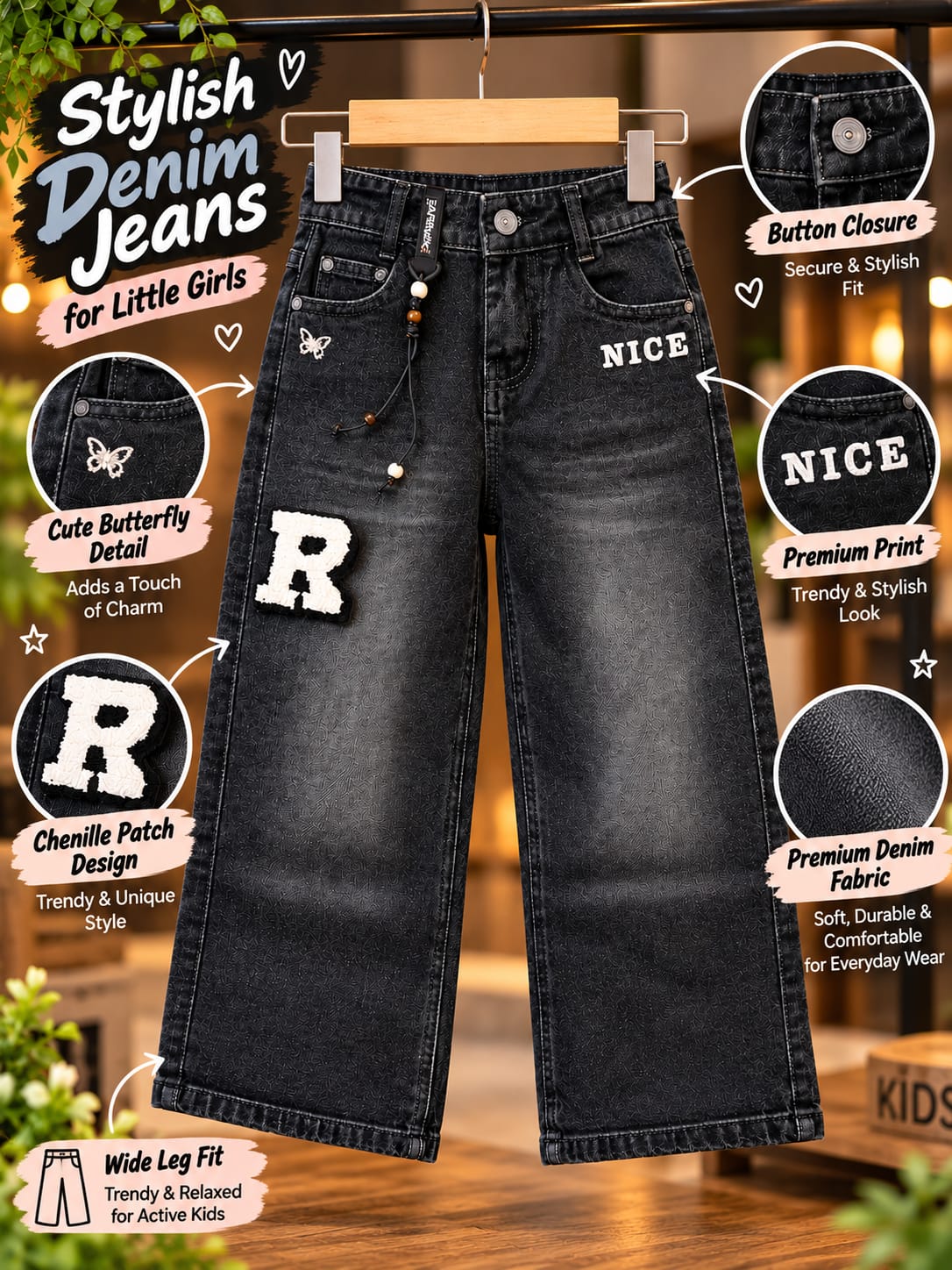 Boys Black Baggy Jeans | NICE Letter & Chenille R Patch Korean Streetwear Denim Pants | 4–8 Years