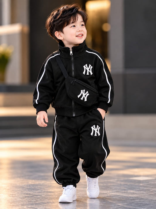 Boys Black Sports Tracksuit Set with White Stripe Detail | Sizes 18–26