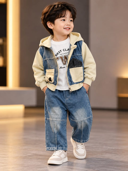 Boys Denim Hooded Jacket with T-Shirt & Jeans Set | Sizes 18–26