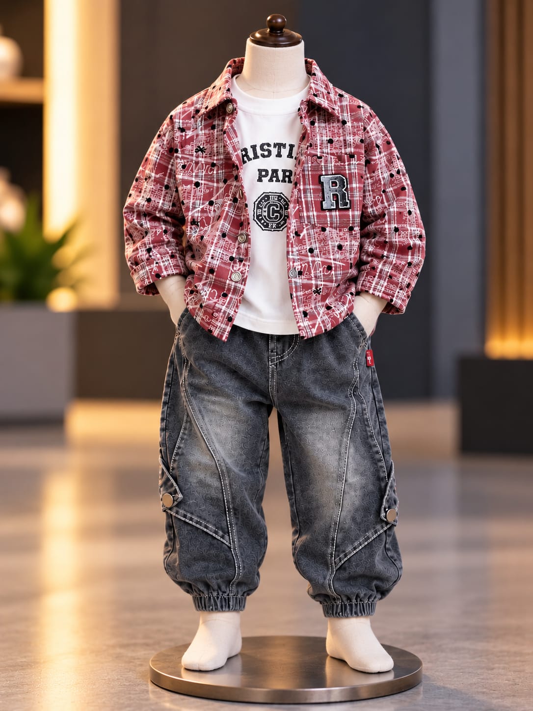 Boys Red Checkered Shirt Jacket with Graphic Tee & Grey Cargo Joggers | Sizes 18–26