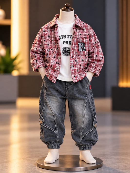 Boys Red Checkered Shirt Jacket with Graphic Tee & Grey Cargo Joggers | Sizes 18–26