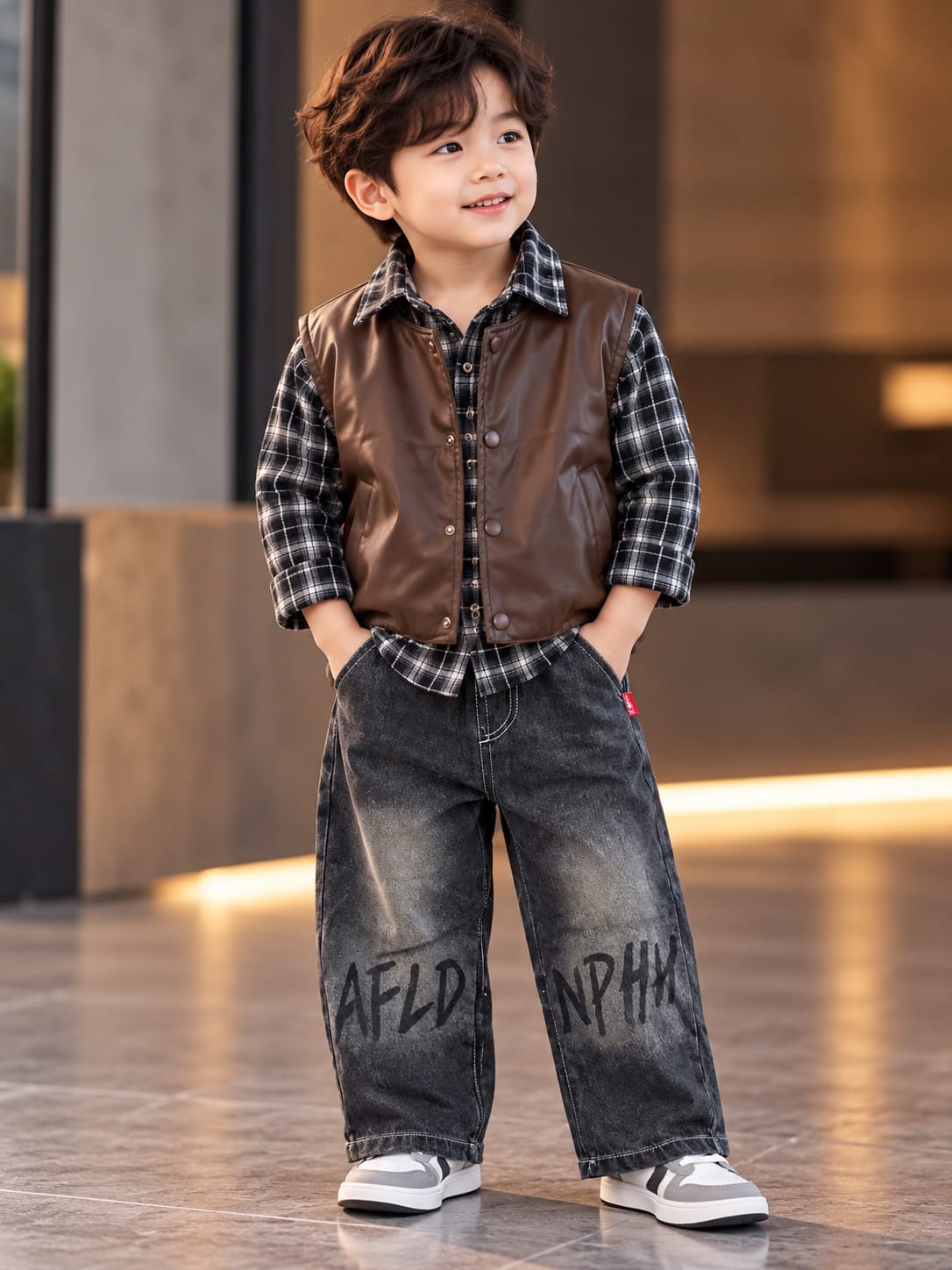 Boys Brown Leather-Look Vest with Check Shirt & Black Baggy Jeans | Sizes 18–26