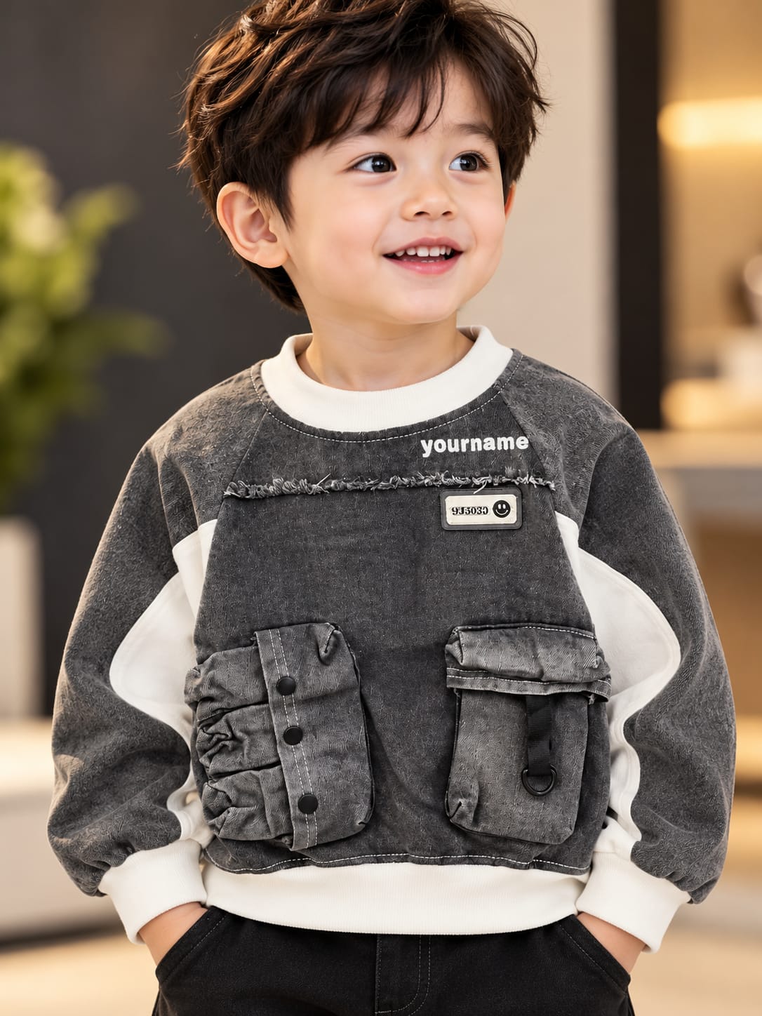 Boys Grey Denim-Style Sweatshirt with Utility Pockets | Sizes 18–26