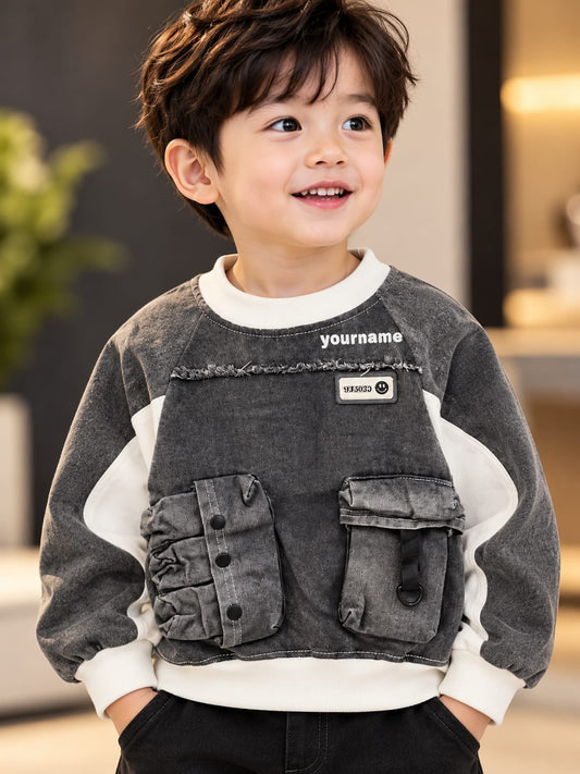 Boys Grey Denim-Style Sweatshirt with Utility Pockets | Sizes 18–26