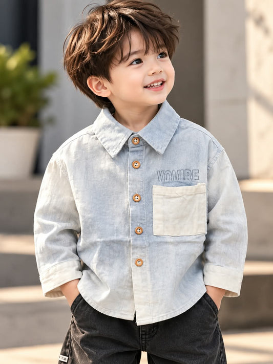 Boys Light Blue Denim-Style Shirt with Contrast Pocket | Sizes 1–5 Years