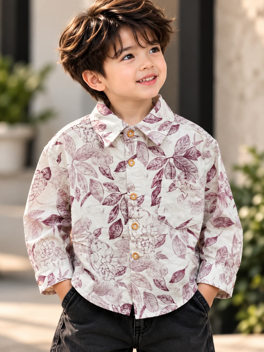 Boys Floral Print Full Sleeve Shirt | Cream & Maroon | Sizes 1–5 Years