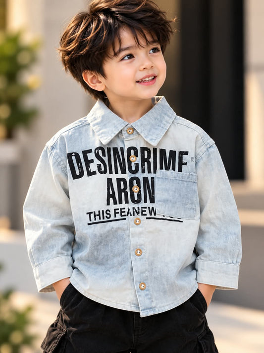 Boys Light Blue Denim Shirt with Graphic Print & Chest Pocket | Sizes 1–5 Years