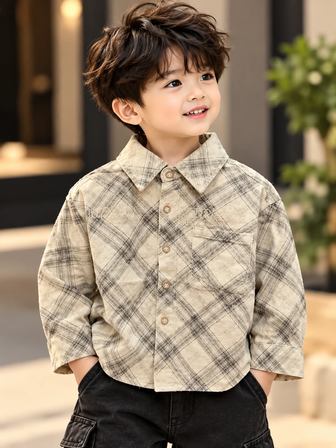Boys Beige & Grey Checkered Full Sleeve Shirt | Sizes 1–5 Years