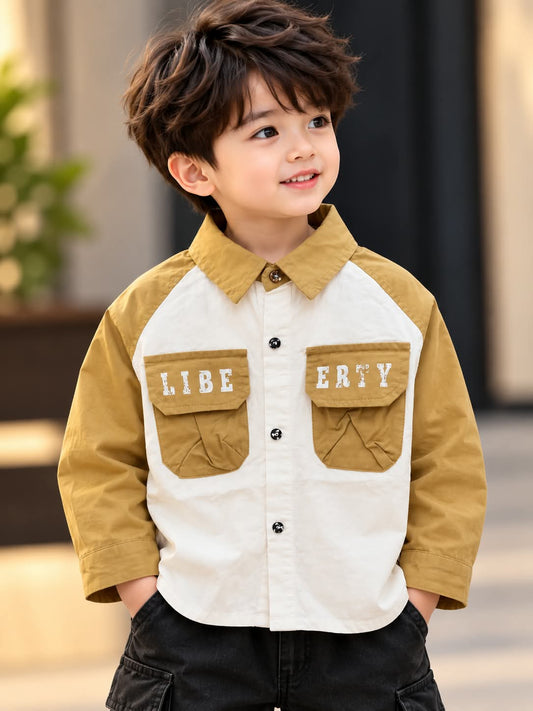Boys Mustard & White Colourblock Shirt with Dual Cargo Pockets | Sizes 1–5 Years