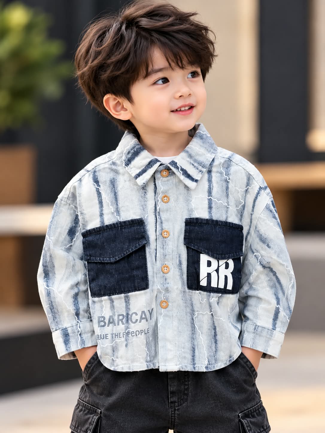 Boys Light Blue Washed Denim Shirt with Dark Contrast Pockets | Sizes 1–5 Years