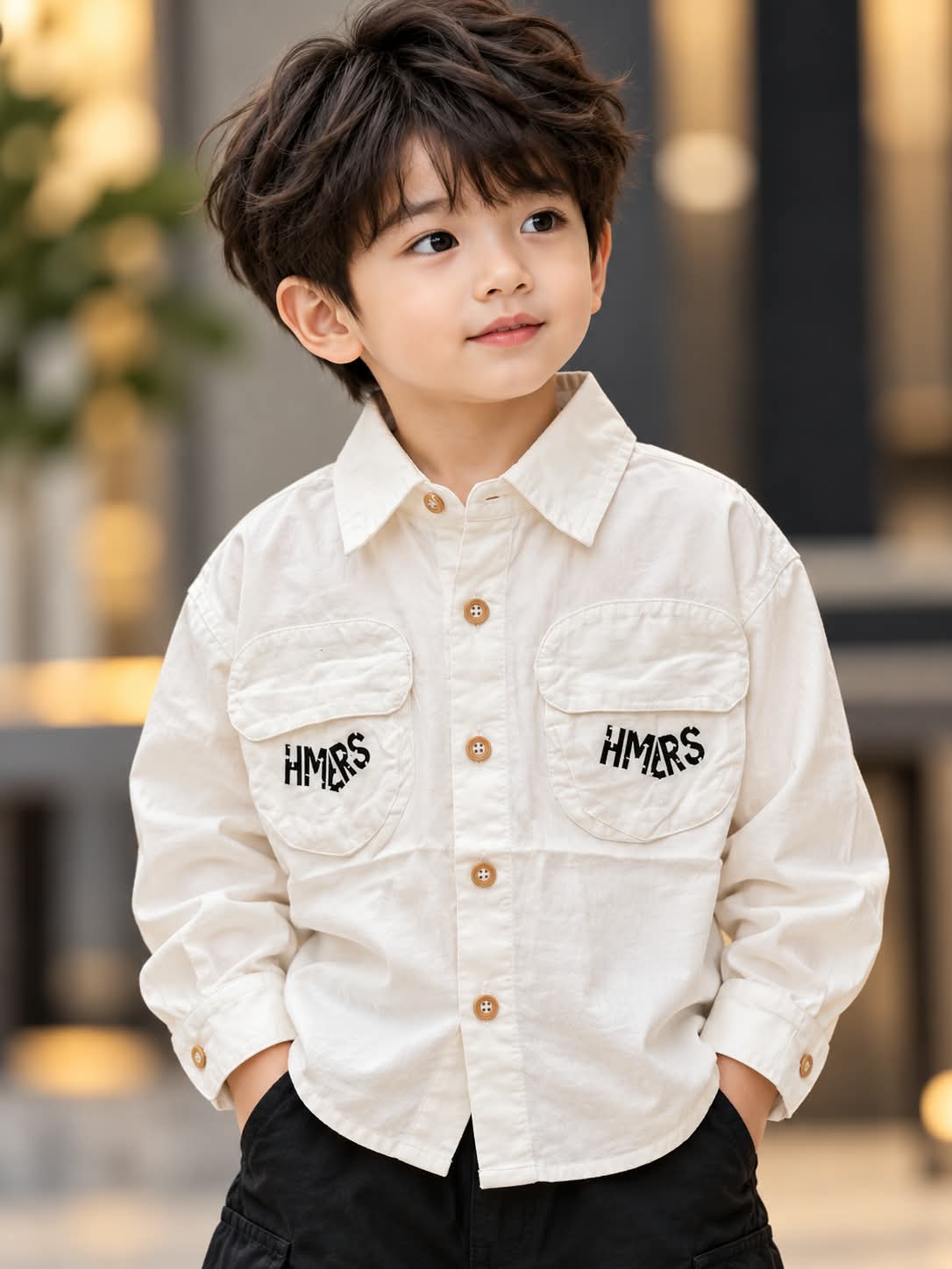 Boys Cream White Shirt with Double Flap Pockets & Lettering | Sizes 1–5 Years