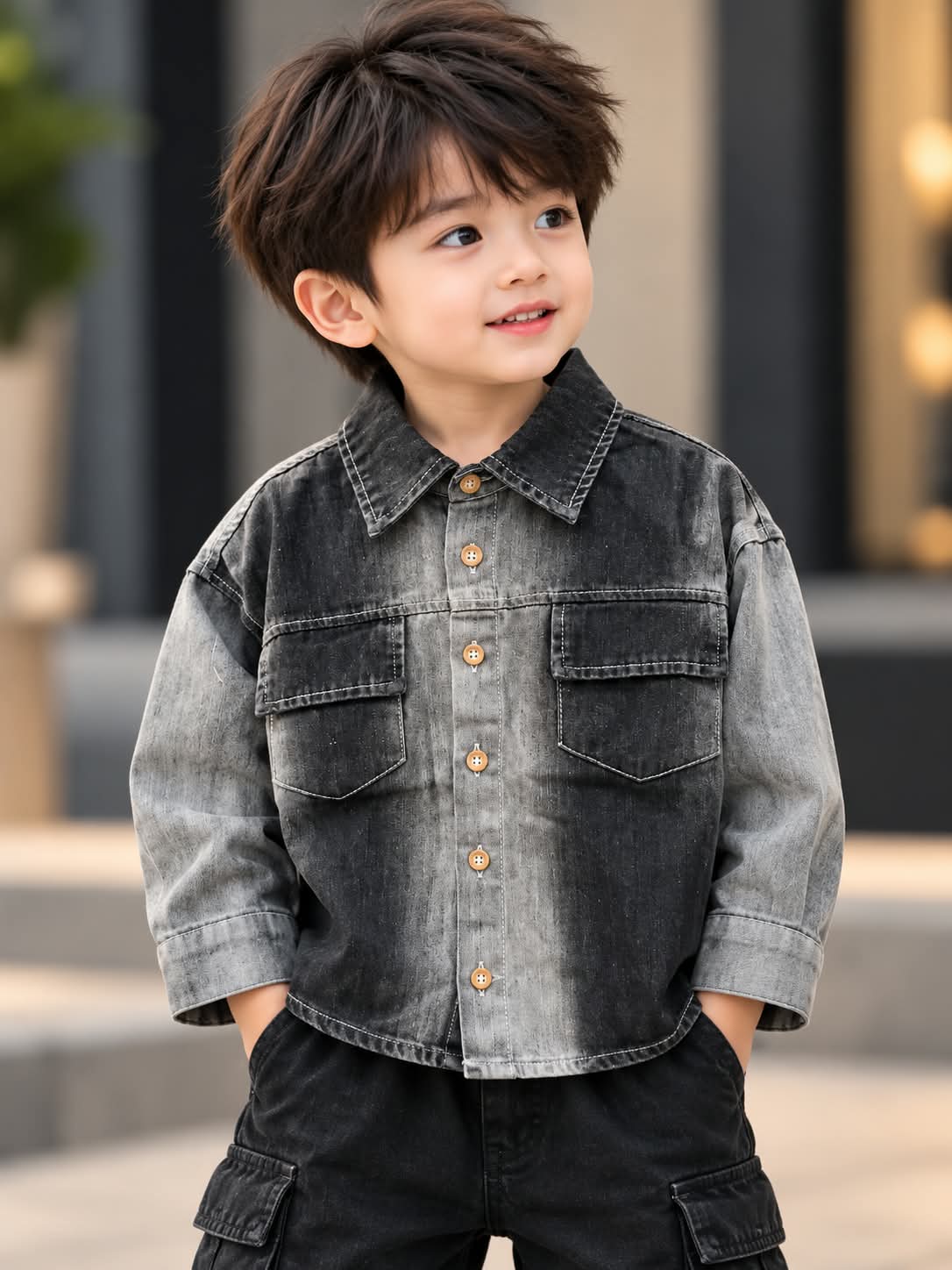 Boys Black Grey Washed Denim Shirt with Double Pockets | Sizes 1–5 Years