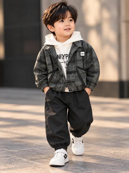 Boys Korean Style Black Check Jacket & Hoodie Set with Joggers | Sizes 18–26
