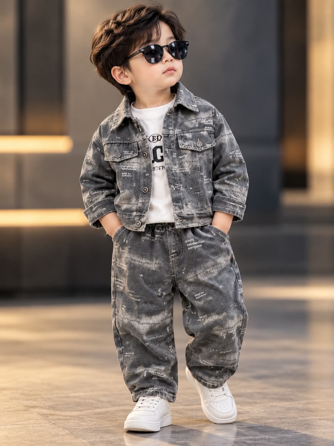 Boys Korean Style Black Printed Denim Jacket & Baggy Jeans Set | Sizes 18–26