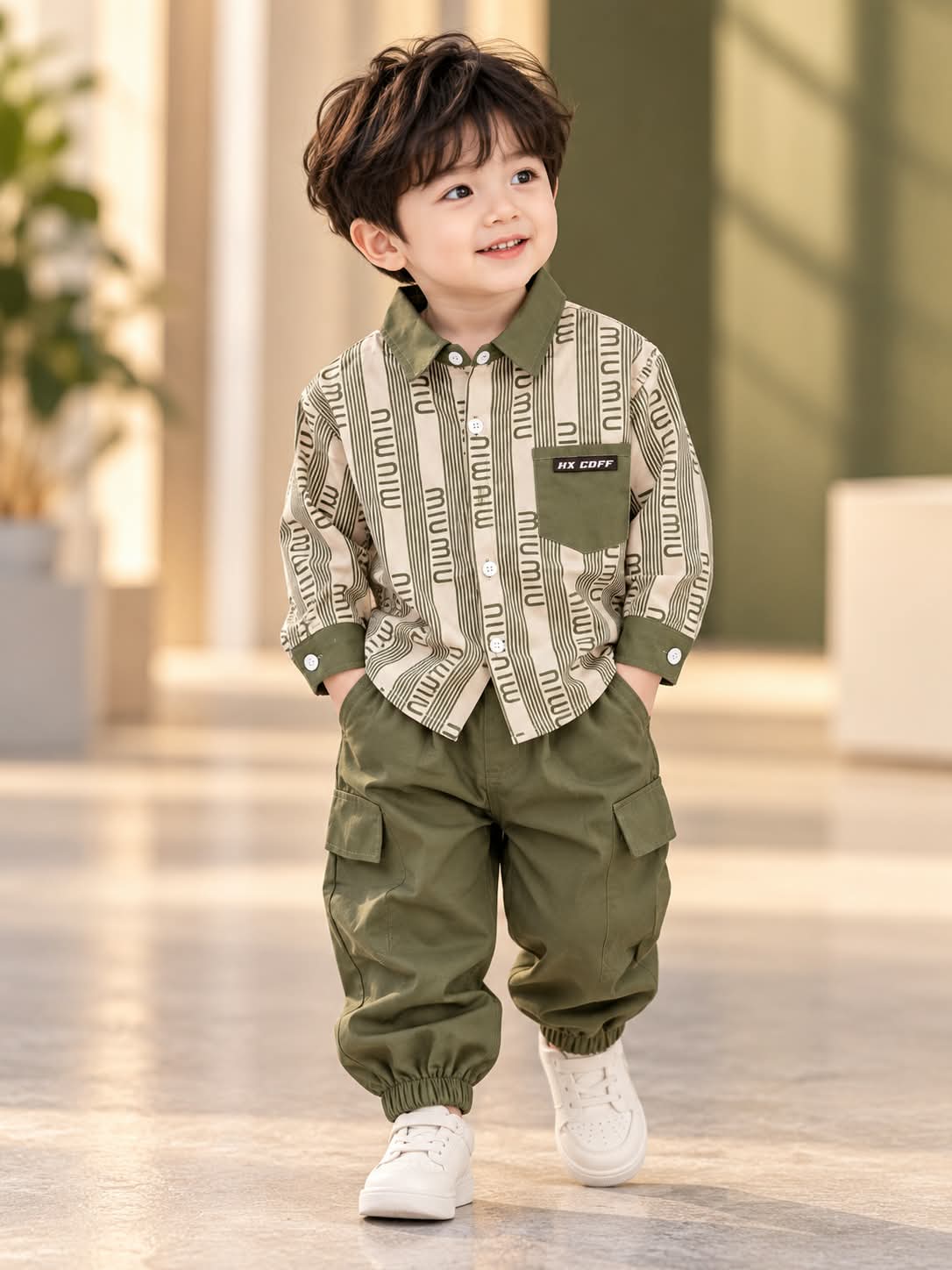 Boys 2-Piece Olive Green Cargo Set with Printed Shirt | Sizes 18–26