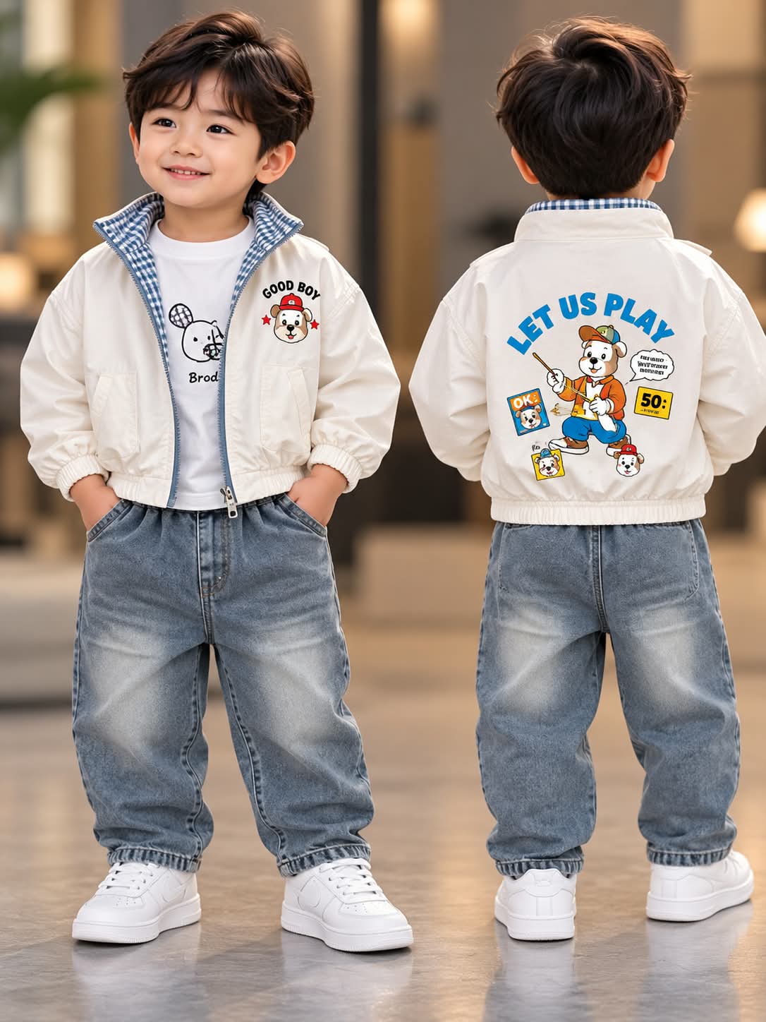 Boys 3-Piece White Cartoon Jacket, T-Shirt & Baggy Jeans Set | Sizes 18–26