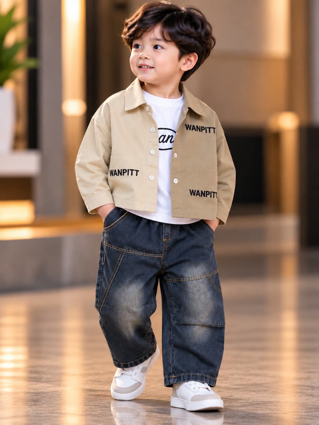 Boys 3-Piece Beige Jacket, Graphic T-Shirt & Baggy Denim Jeans Set | Sizes 18–26