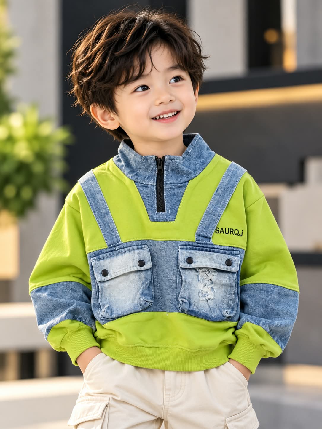 Boys Lime Green & Denim Style Sweatshirt with Utility Pockets | Sizes 18–26