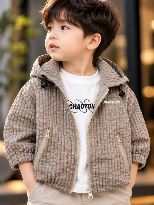 Boys Beige Quilted Hooded Jacket with Zip Pockets | Sizes 18–26