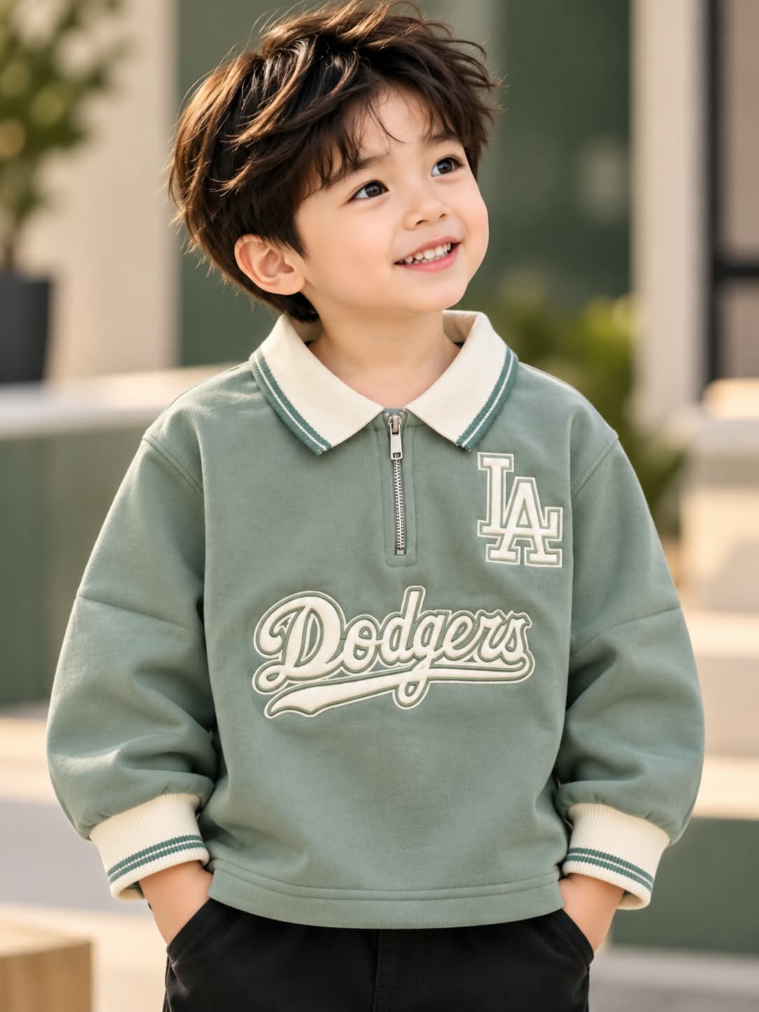 Boys Sage Green Varsity Collar Sweatshirt | Sizes 18–26