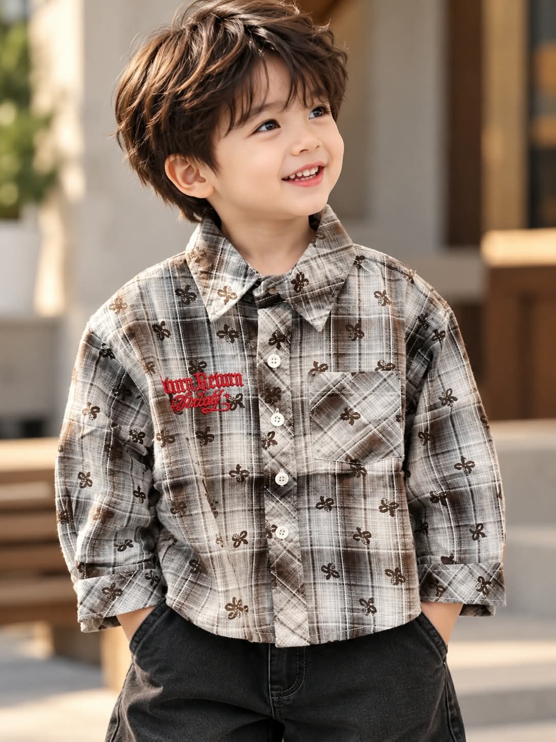 Baby Boys Brown Checkered Printed Shirt | Sizes 6 Months–4 Years