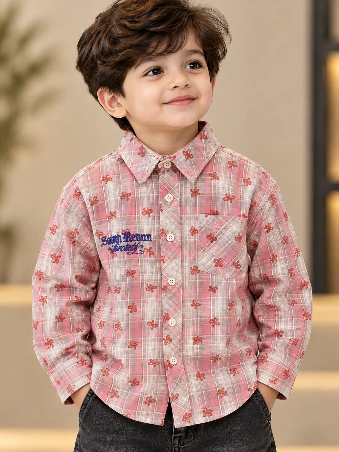 Boys Pink Checkered Floral Print Shirt | Sizes 5–8 Years
