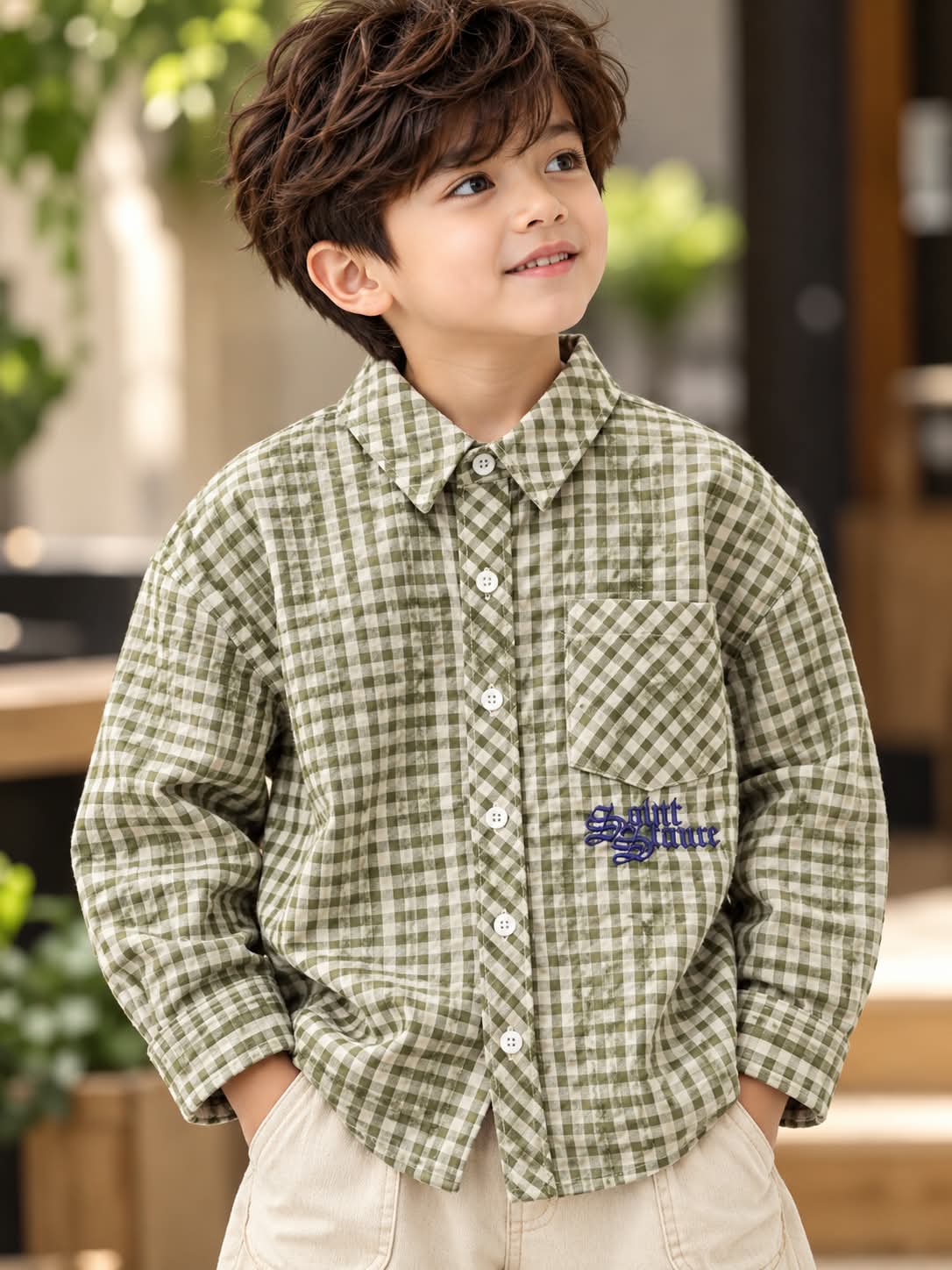Boys Olive Green Checkered Shirt with Chest Pocket | Sizes 5–8 Years