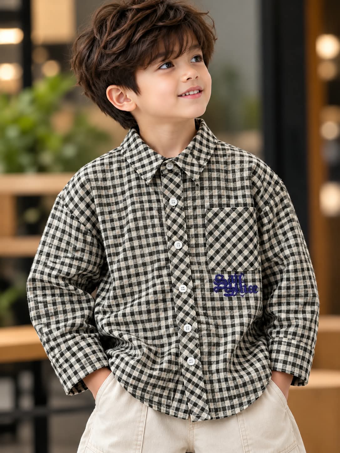 Boys Black and White Checkered Shirt with Chest Pocket | Sizes 5–8 Years