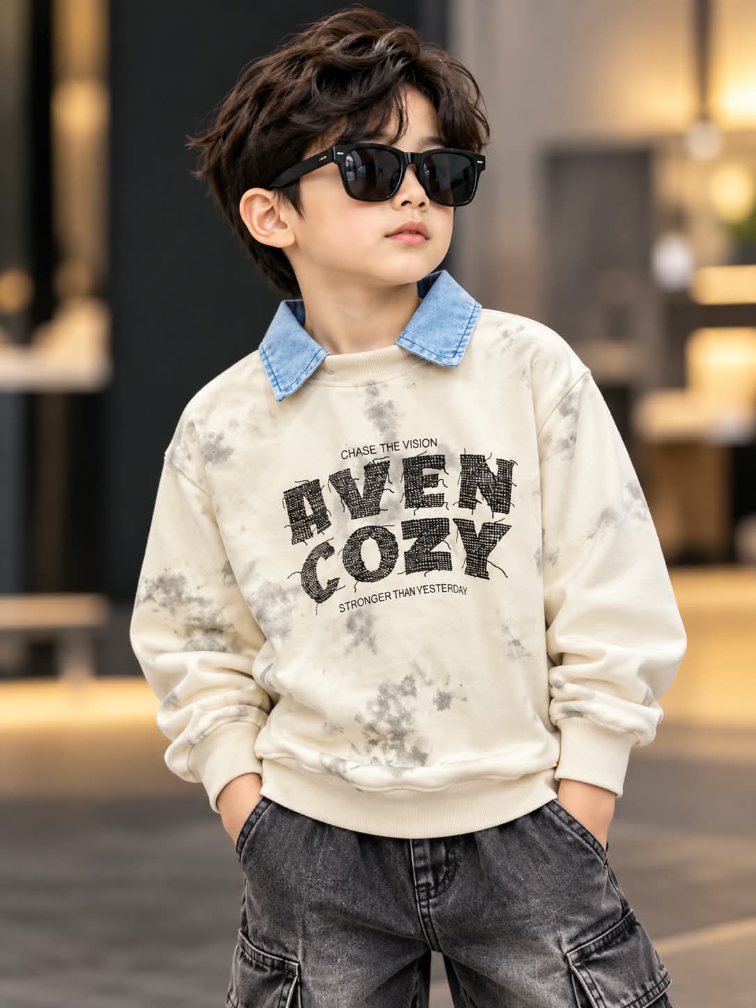 Boys Beige Tie-Dye Sweatshirt with Denim Collar & Graphic Print | Sizes 6–11 Years
